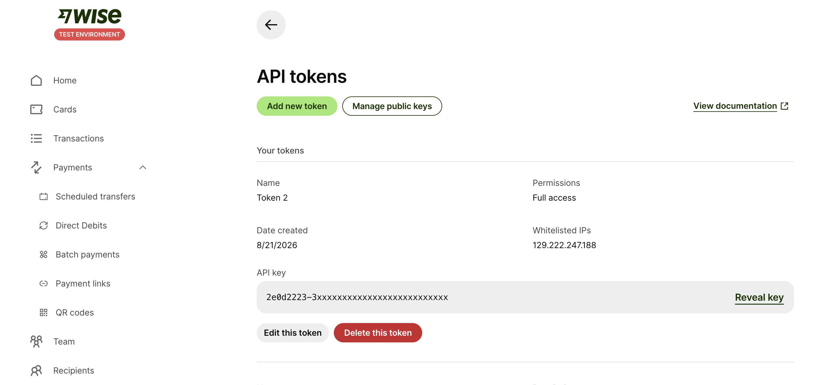 Wise API Token